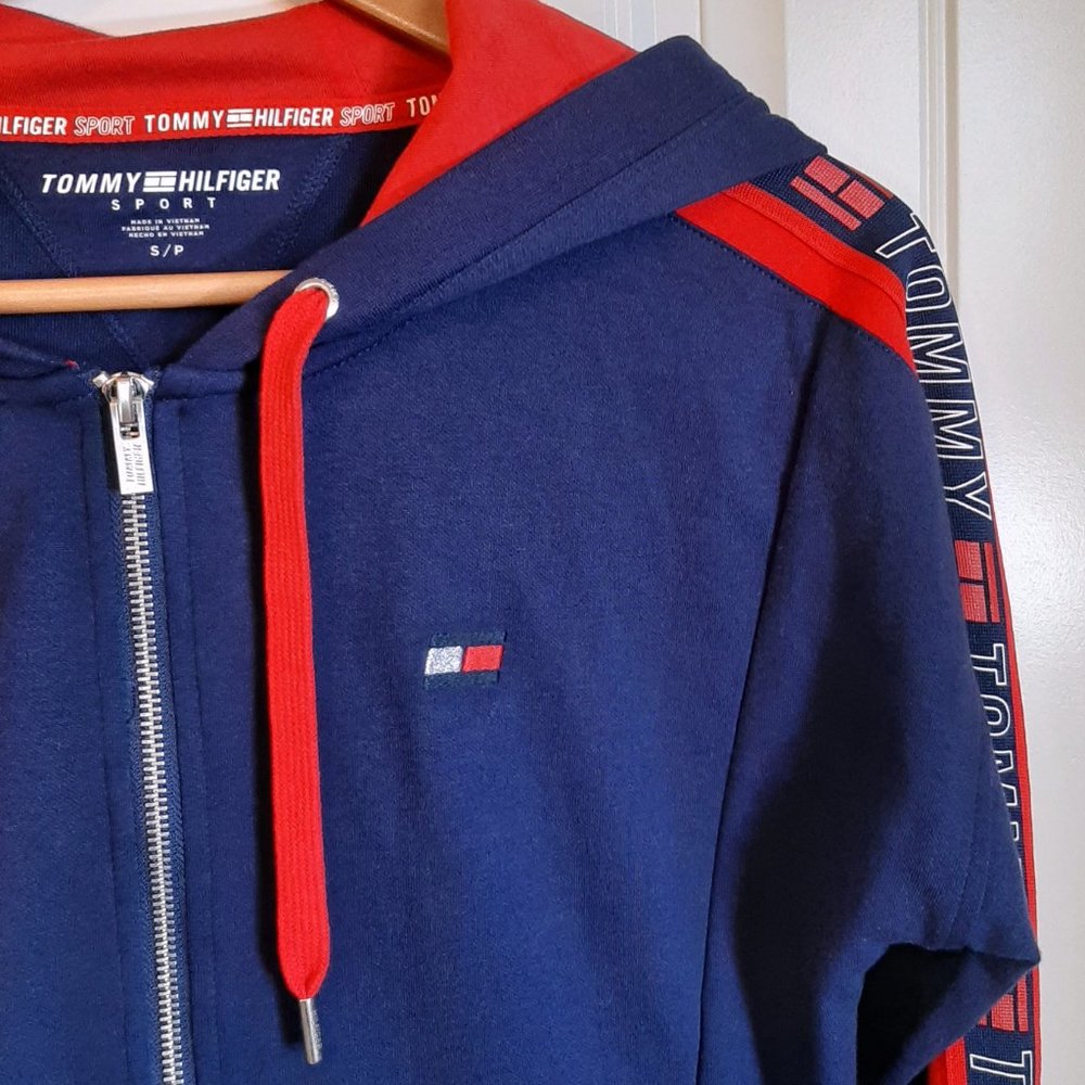 TOMMY HILFIGER SPORT NWOT Navy "TOMMY" Stripe Sleeve Full Zip Hoodie S - Picture 4 of 10